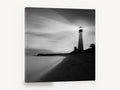Beacon on the Shore, black and white lighthouse beach photograph, coastal canvas wall art print ready to hang