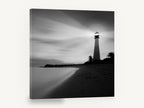 Beacon on the Shore, black and white lighthouse beach photograph, coastal canvas wall art print ready to hang