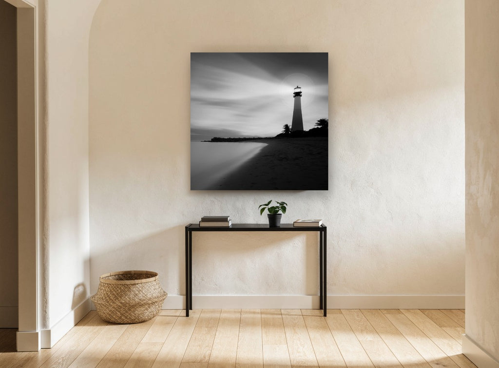 Beacon on the Shore coastal canvas print on the wall of a hallway