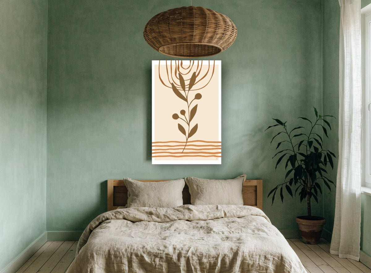 Terracotta Sprig Sunrise floral canvas print on the wall of a bedroom