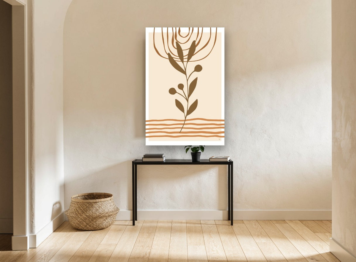 Terracotta Sprig Sunrise floral canvas print on the wall of a hallway
