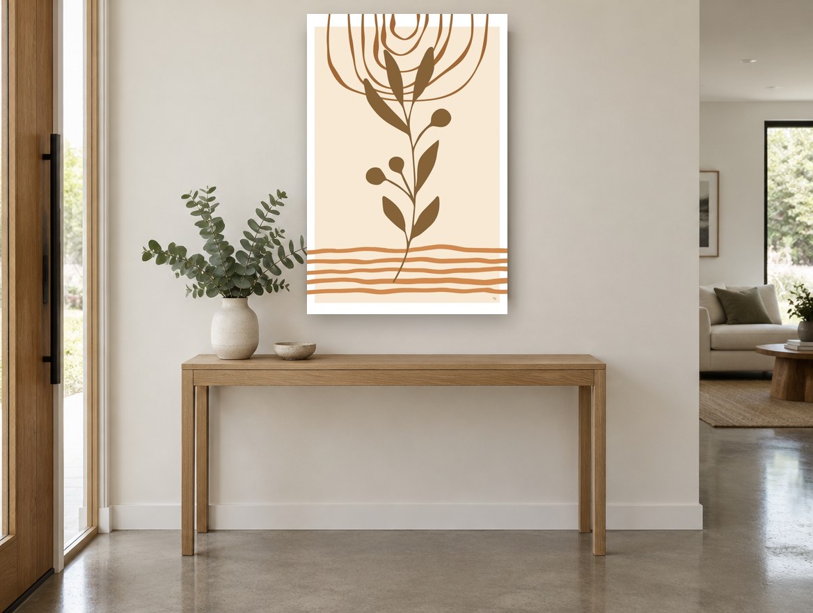 Terracotta Sprig Sunrise floral canvas print on the wall of a entry hall