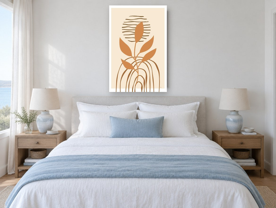 Terracotta Sprout Arches floral canvas print on the wall of a coastal bedroom