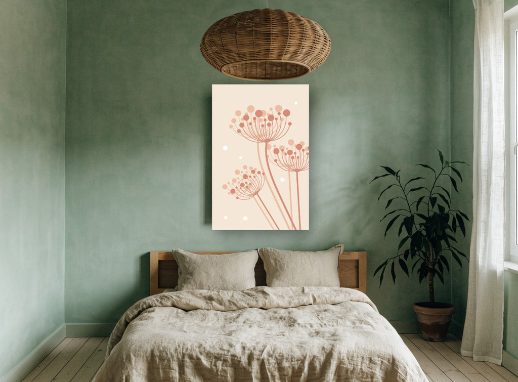 Blush Umbel Trio floral canvas print on the wall of a bedroom