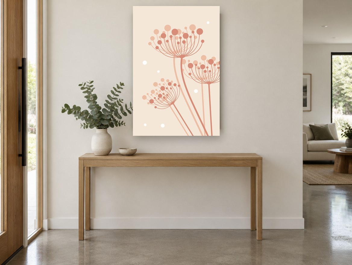 Blush Umbel Trio floral canvas print on the wall of a entry hall