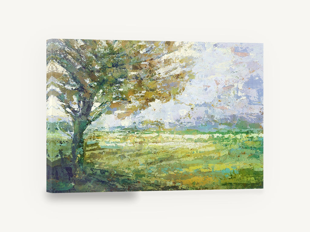 Meadow Under the Oak, impressionist tree and meadow landscape, floral canvas wall art print ready to hang
