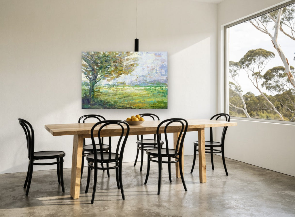 Meadow Under the Oak floral canvas print on the wall of a dining room