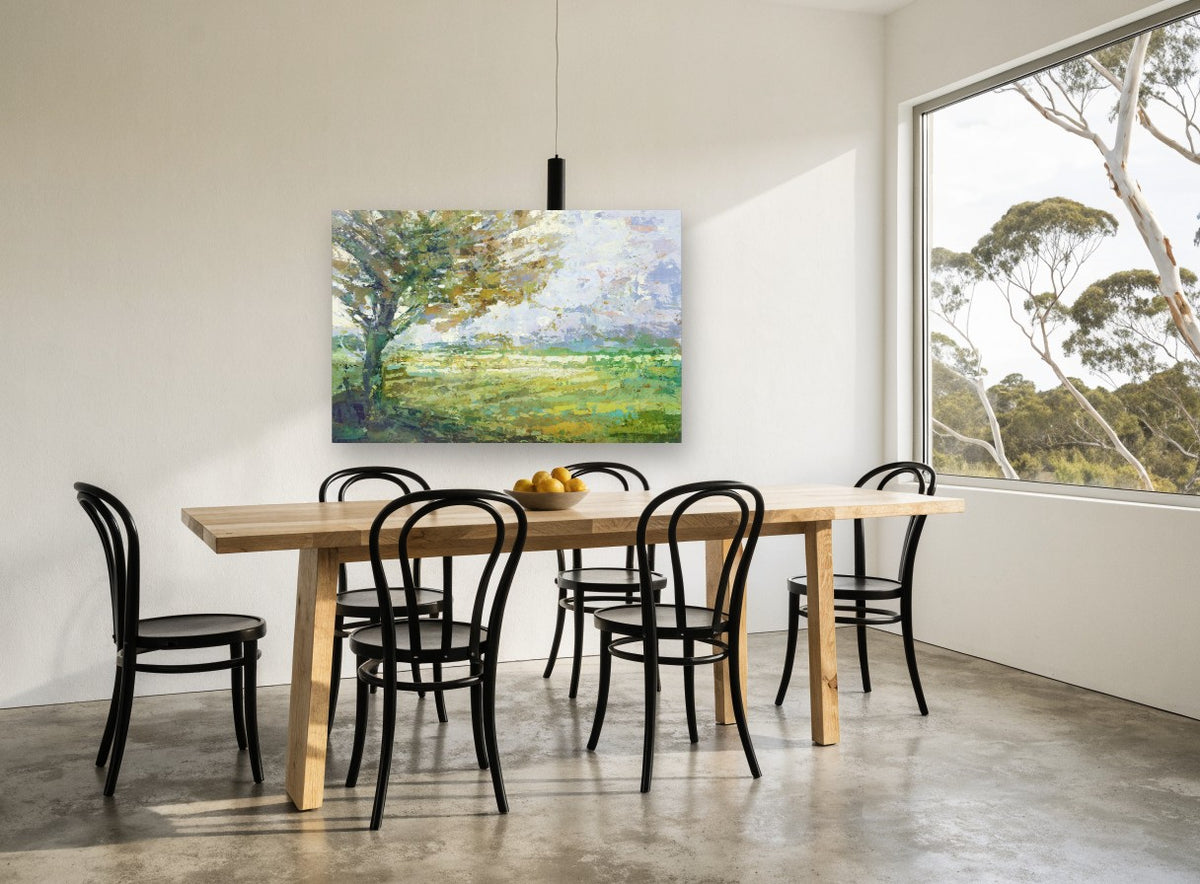 Meadow Under the Oak floral canvas print on the wall of a dining room