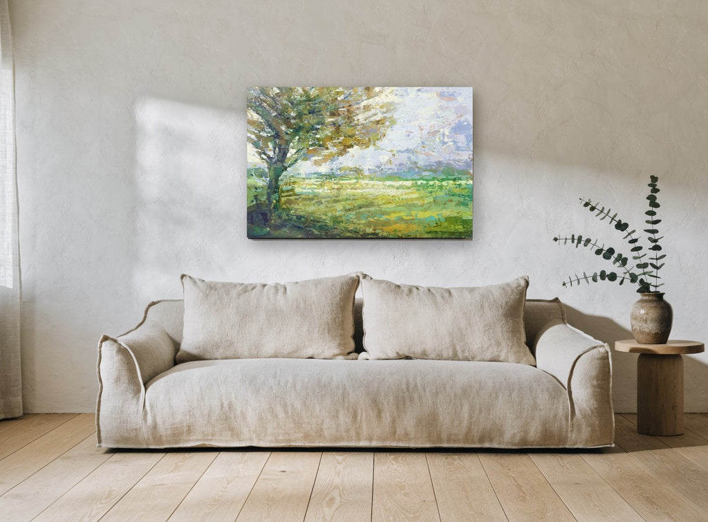 Meadow Under the Oak floral canvas print on the wall of a living room