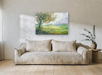 Meadow Under the Oak floral canvas print on the wall of a living room
