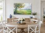 Meadow Under the Oak floral canvas print on the wall of a Hamptons dining room