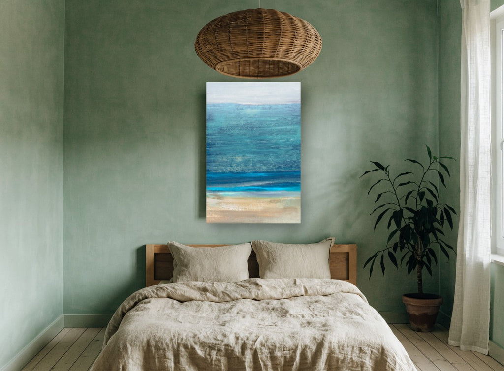 Teal Horizon Shoreline coastal canvas print on the wall of a bedroom