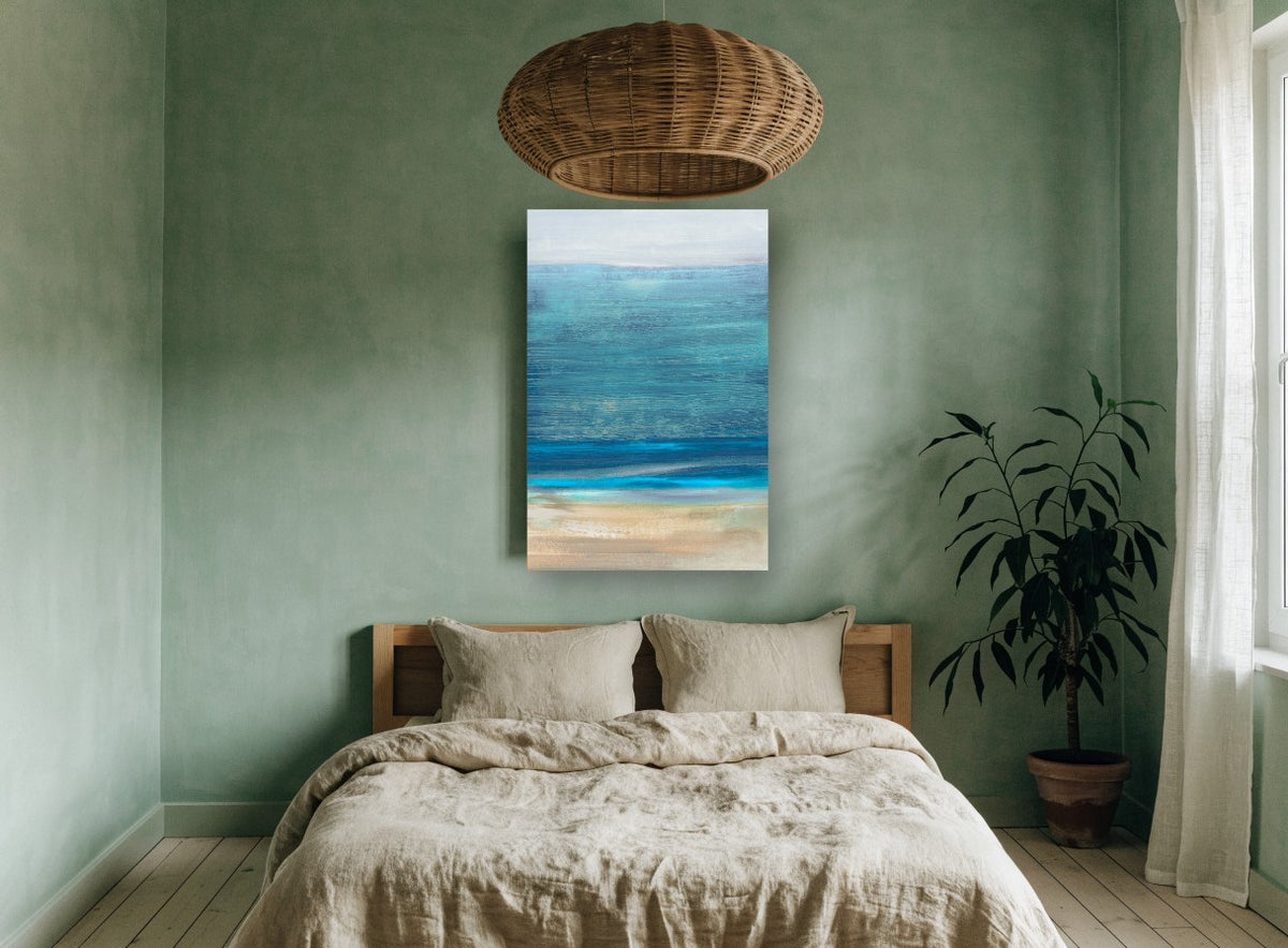 Teal Horizon Shoreline coastal canvas print on the wall of a bedroom