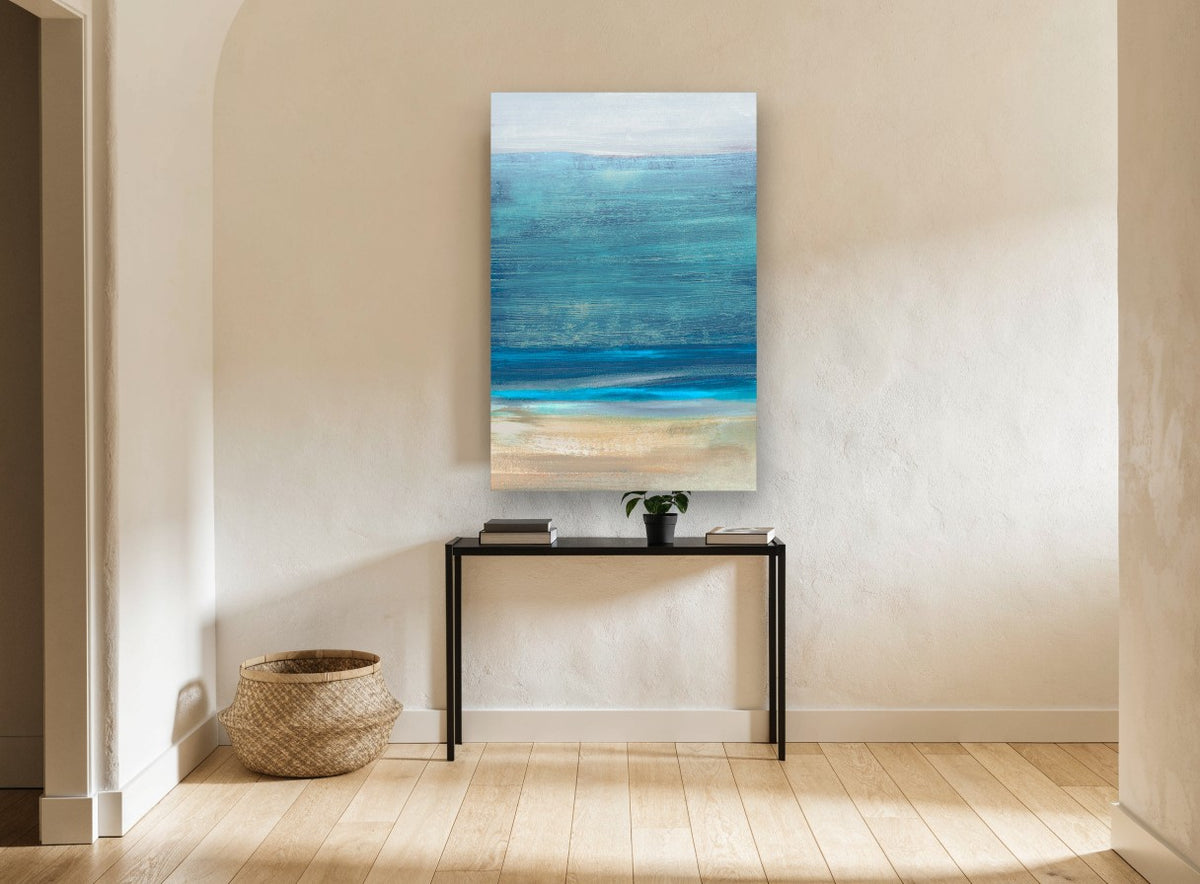 Teal Horizon Shoreline coastal canvas print on the wall of a hallway