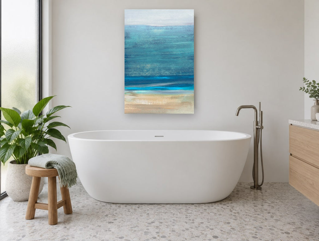 Teal Horizon Shoreline coastal canvas print on the wall of a bathroom