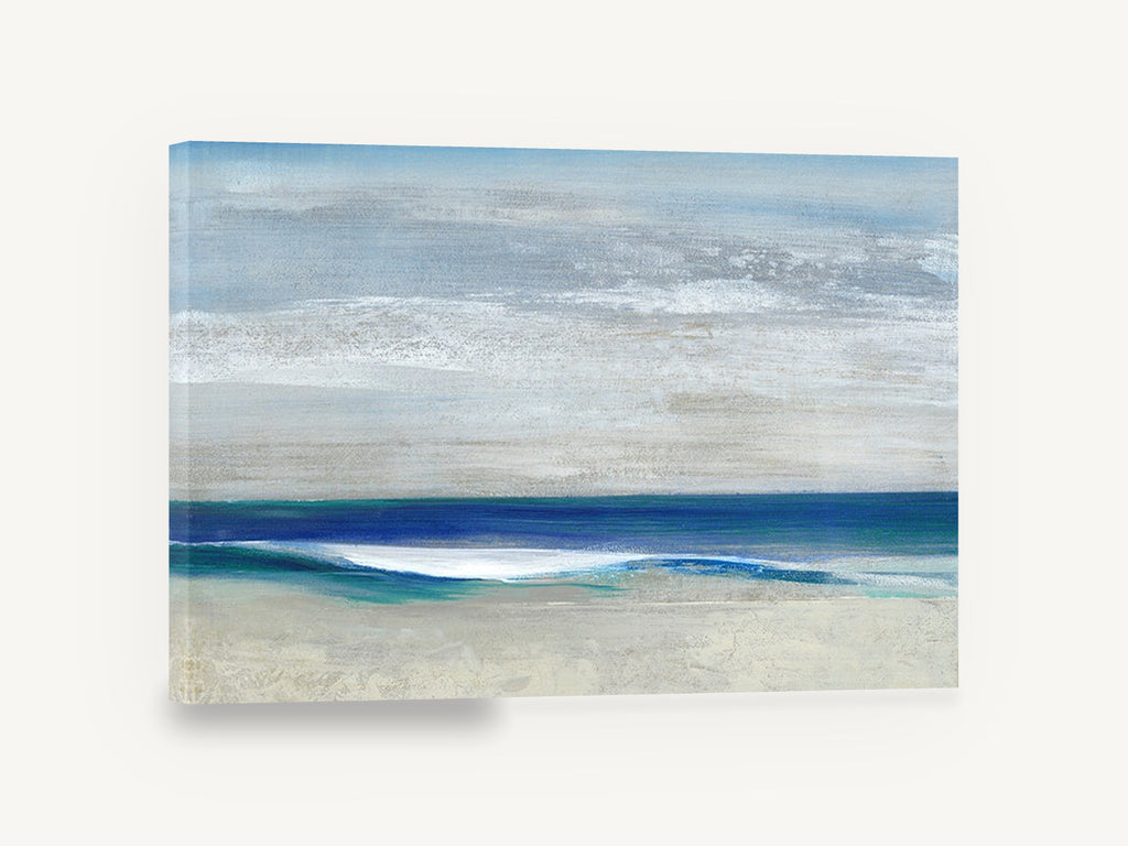 Quiet Shore Horizon, blue wave abstract seascape painting, coastal canvas wall art print ready to hang