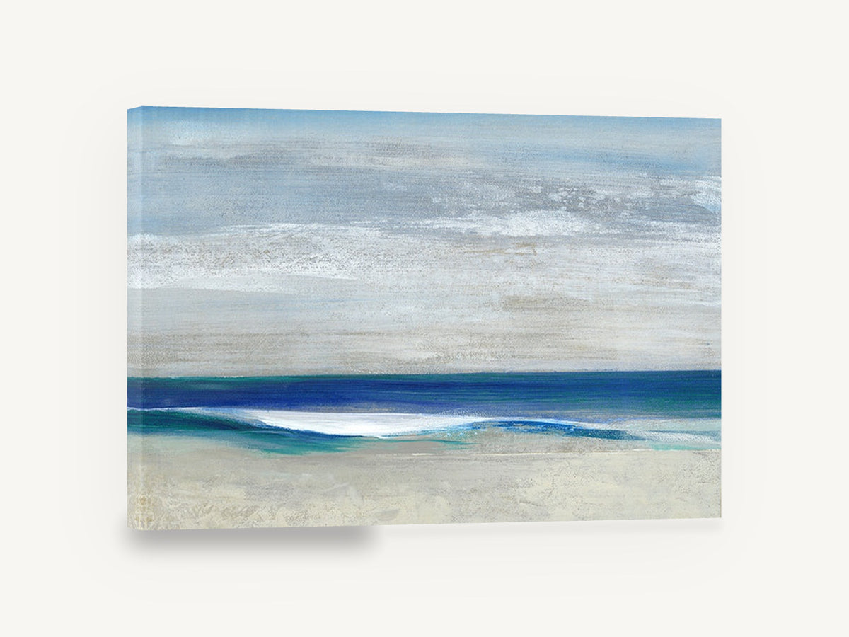 Quiet Shore Horizon, blue wave abstract seascape painting, coastal canvas wall art print ready to hang