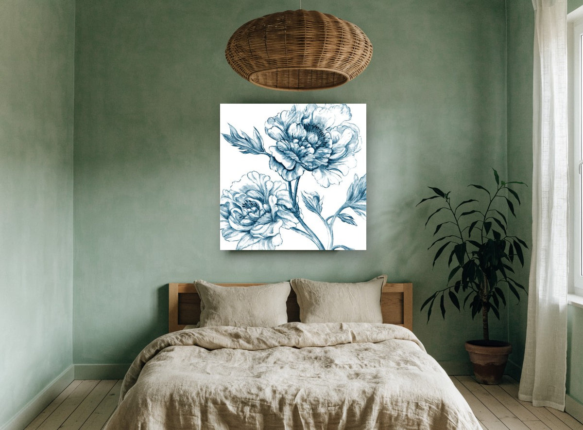 Indigo Peony Sketch floral canvas print on the wall of a bedroom