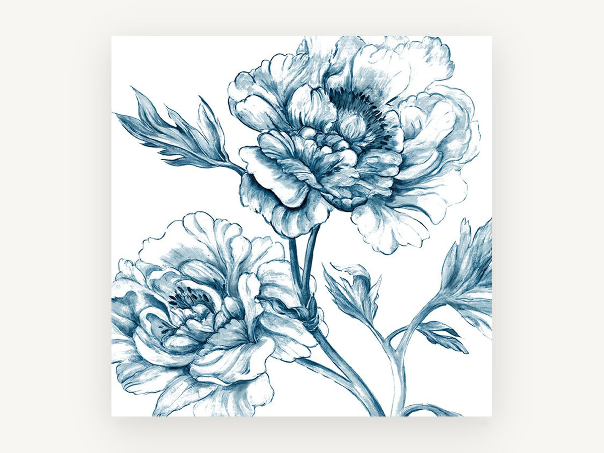 Indigo Peony Sketch, floral canvas wall art print, front view