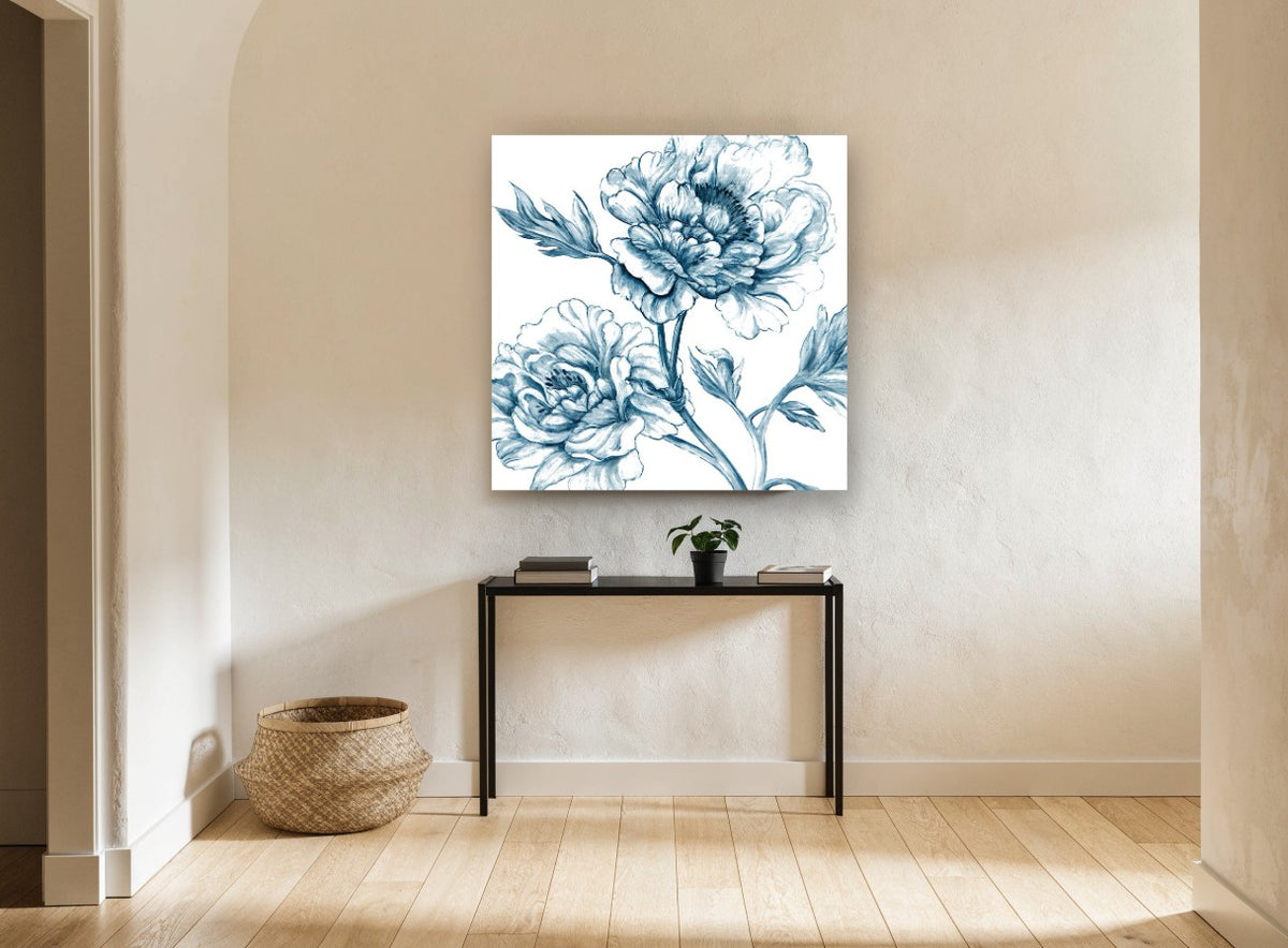 Indigo Peony Sketch floral canvas print on the wall of a hallway
