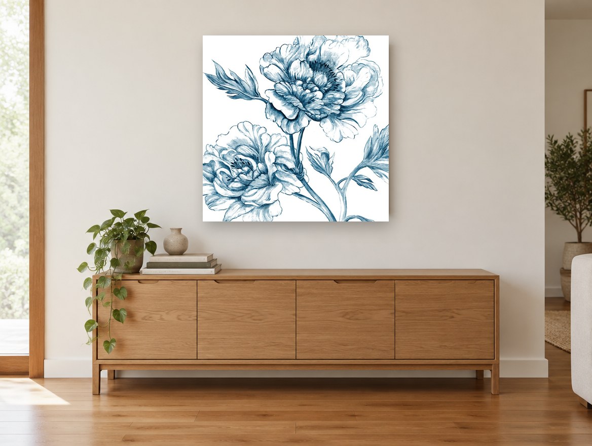 Indigo Peony Sketch floral canvas print on the wall of a living room above a sideboard
