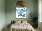 Indigo Peony Study floral canvas print on the wall of a bedroom