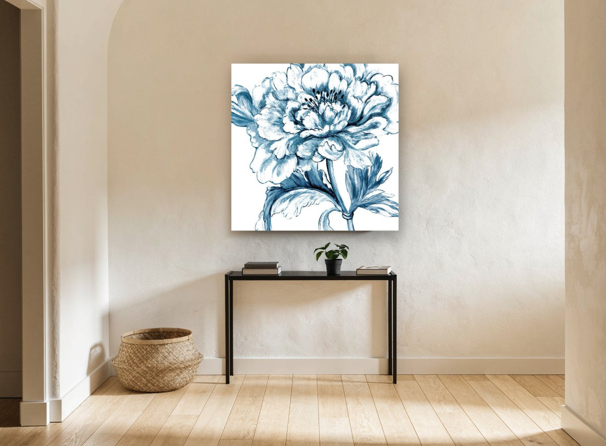 Indigo Peony Study floral canvas print on the wall of a hallway