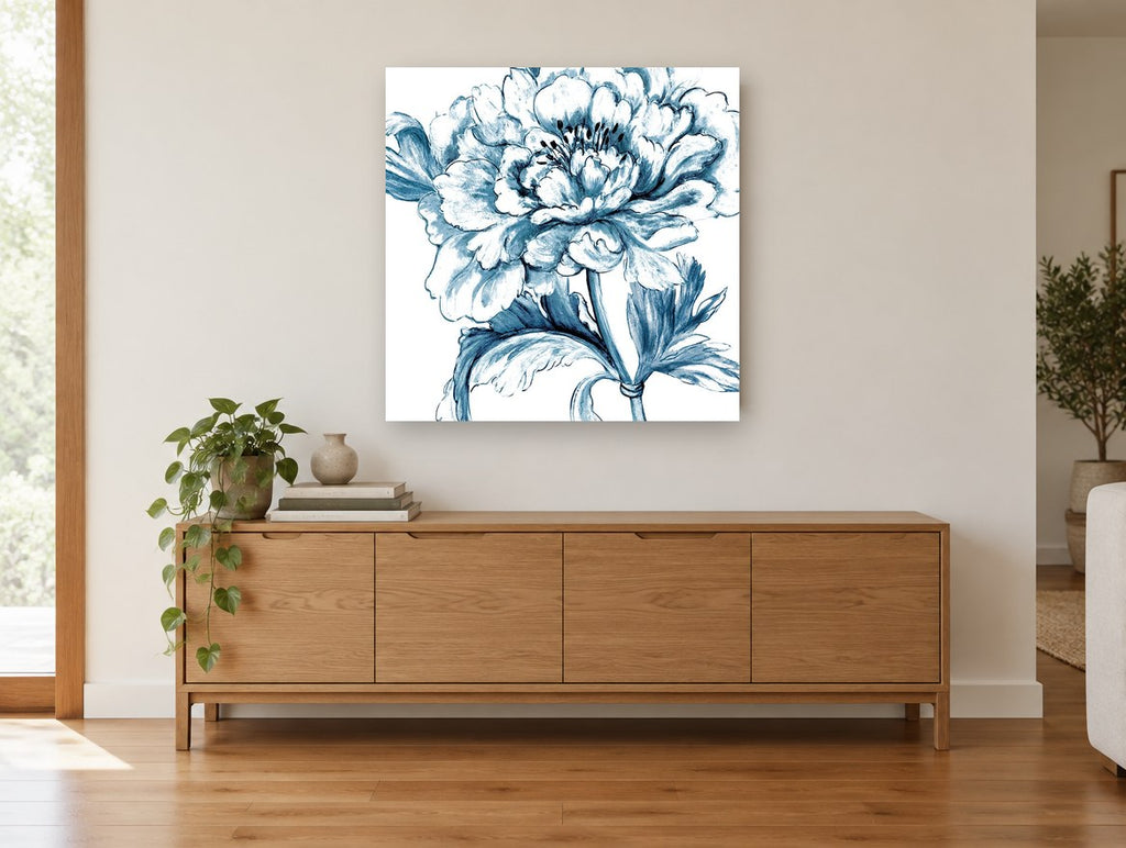 Indigo Peony Study floral canvas print on the wall of a living room above a sideboard