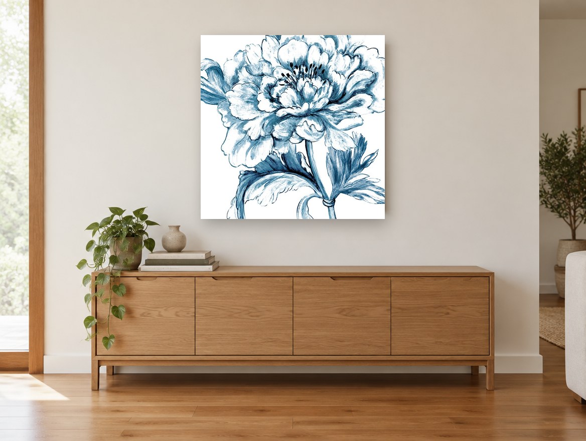 Indigo Peony Study floral canvas print on the wall of a living room above a sideboard