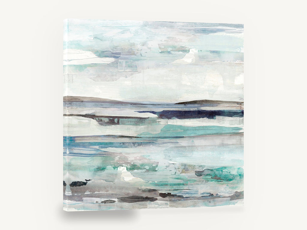 Pale Tide Layers, aqua abstract seascape horizon, coastal canvas wall art print ready to hang