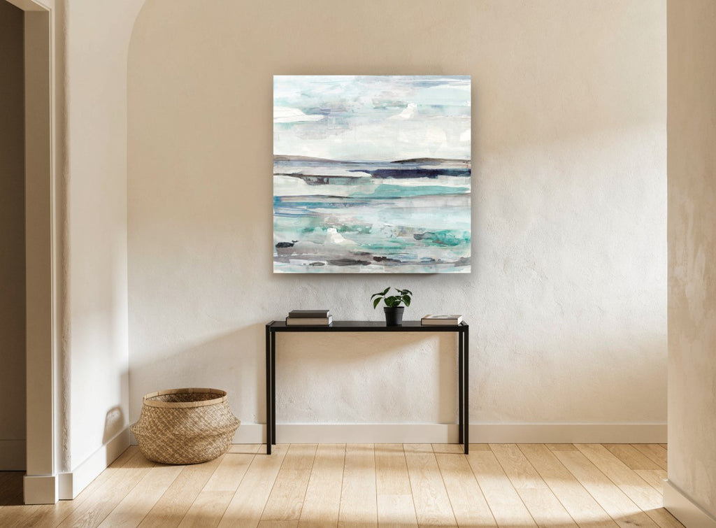 Pale Tide Layers coastal canvas print on the wall of a hallway