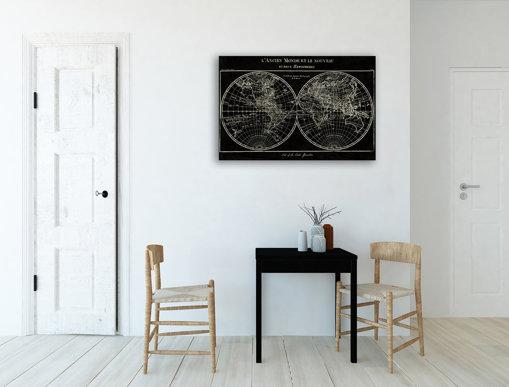 Map of the World Black Wall Art Print on the wall