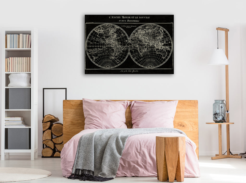 Map of the World Black Wall Art Print on the wall