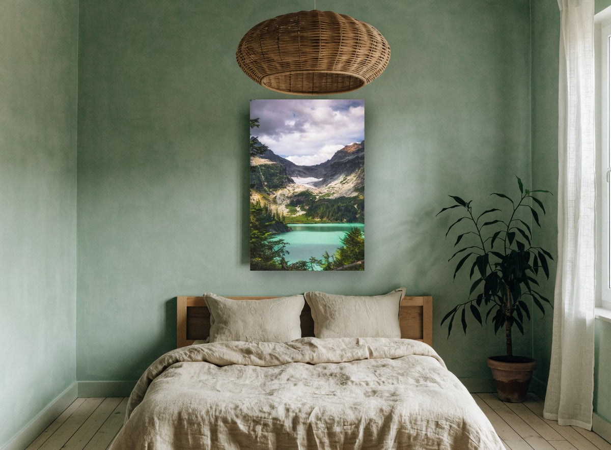 Turquoise Glacier Lake landscape canvas print on the wall of a bedroom