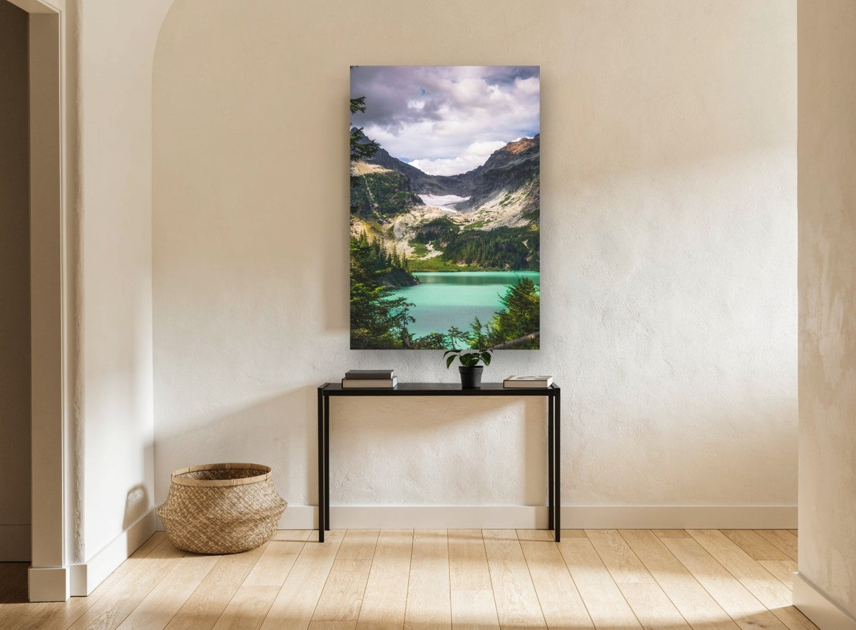 Turquoise Glacier Lake landscape canvas print on the wall of a hallway