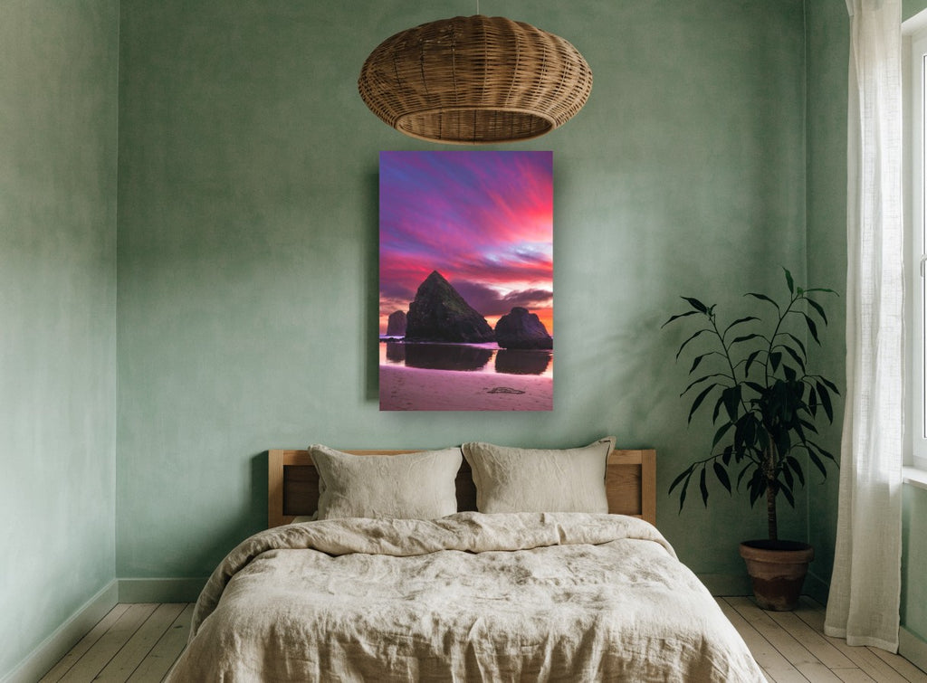 Violet Sky Sea Stacks landscape canvas print on the wall of a bedroom