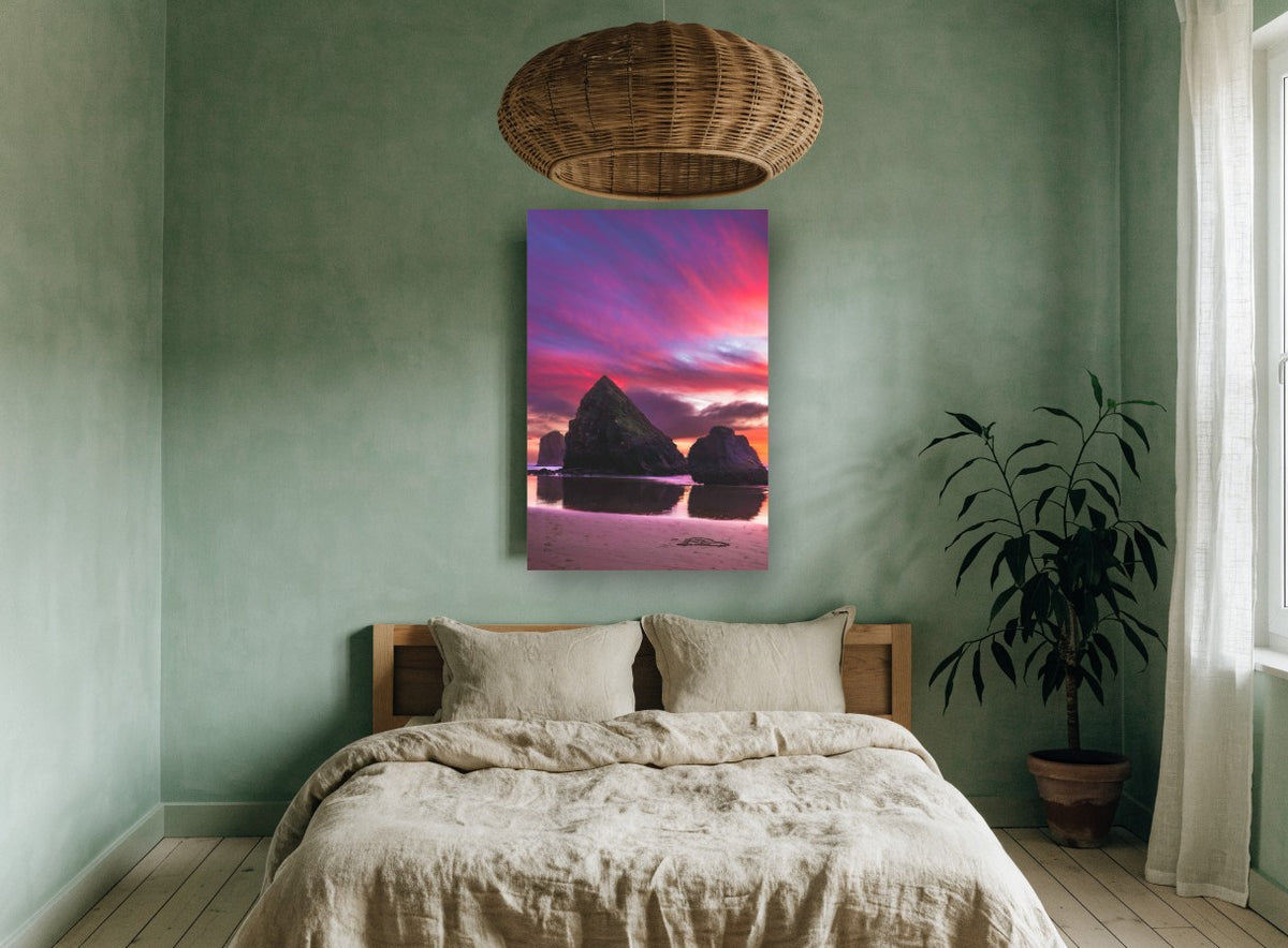 Violet Sky Sea Stacks landscape canvas print on the wall of a bedroom