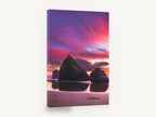 Violet Sky Sea Stacks, sea stacks sunset beach photograph, landscape canvas wall art print ready to hang