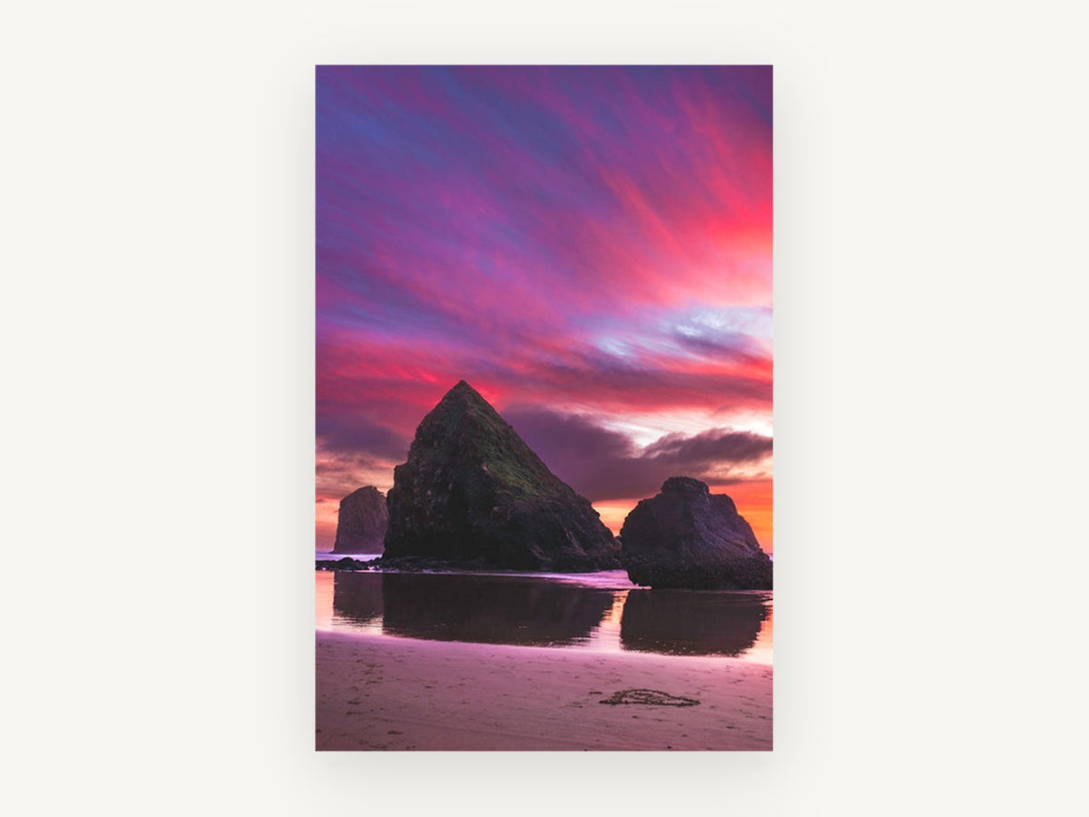 Violet Sky Sea Stacks, sea stacks sunset beach photograph, landscape canvas wall art print, front view