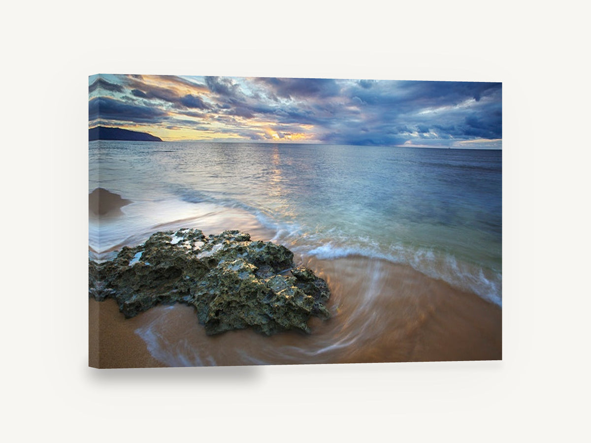 Rock at Dusk Shore, sunset beach rock seascape photograph, landscape canvas wall art print ready to hang