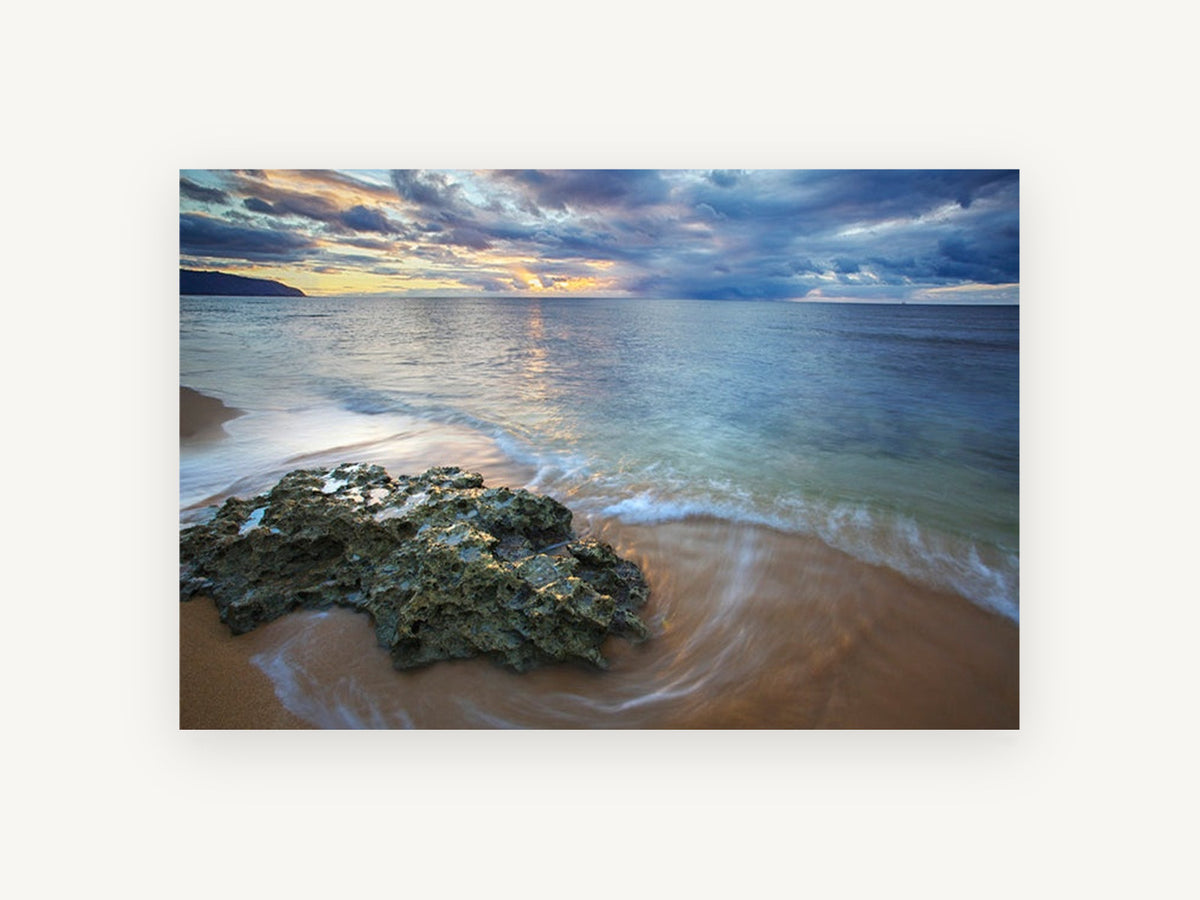 Rock at Dusk Shore, sunset beach rock seascape photograph, landscape canvas wall art print, front view