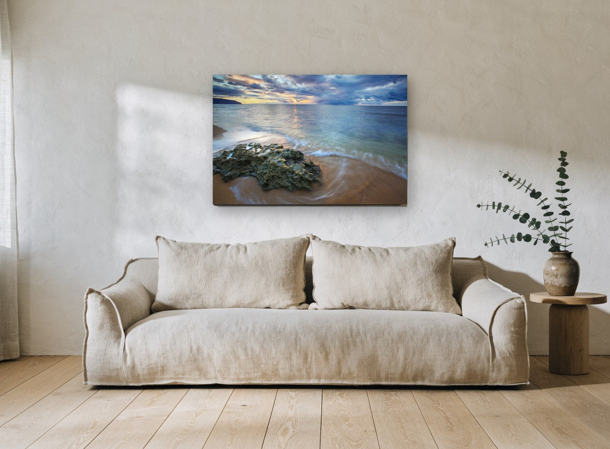 Rock at Dusk Shore landscape canvas print on the wall of a living room