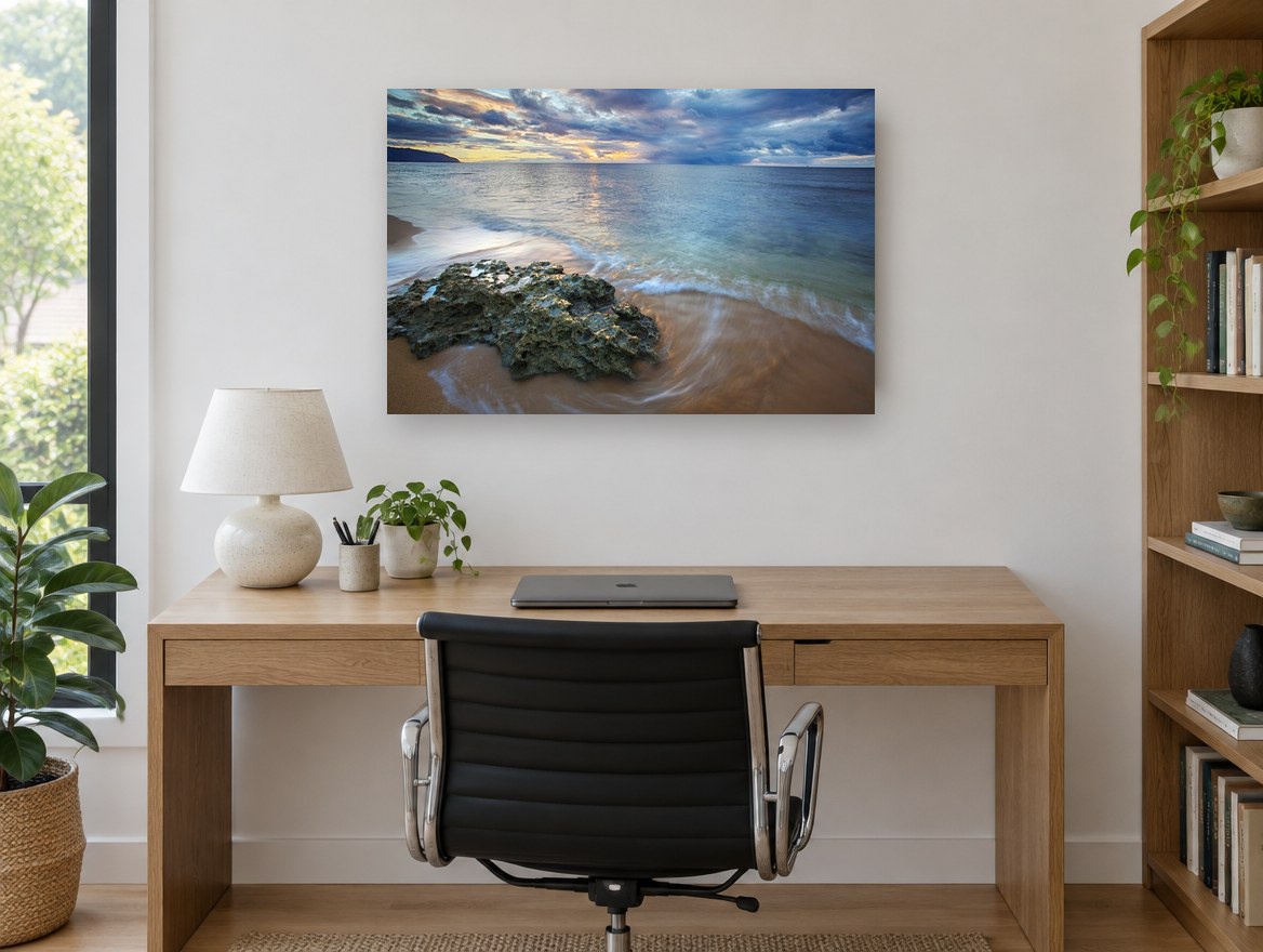 Rock at Dusk Shore landscape canvas print on the wall of a study