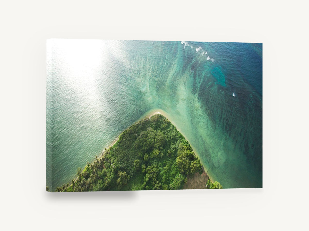 Emerald Point Reef, aerial tropical island point photograph, landscape canvas wall art print ready to hang