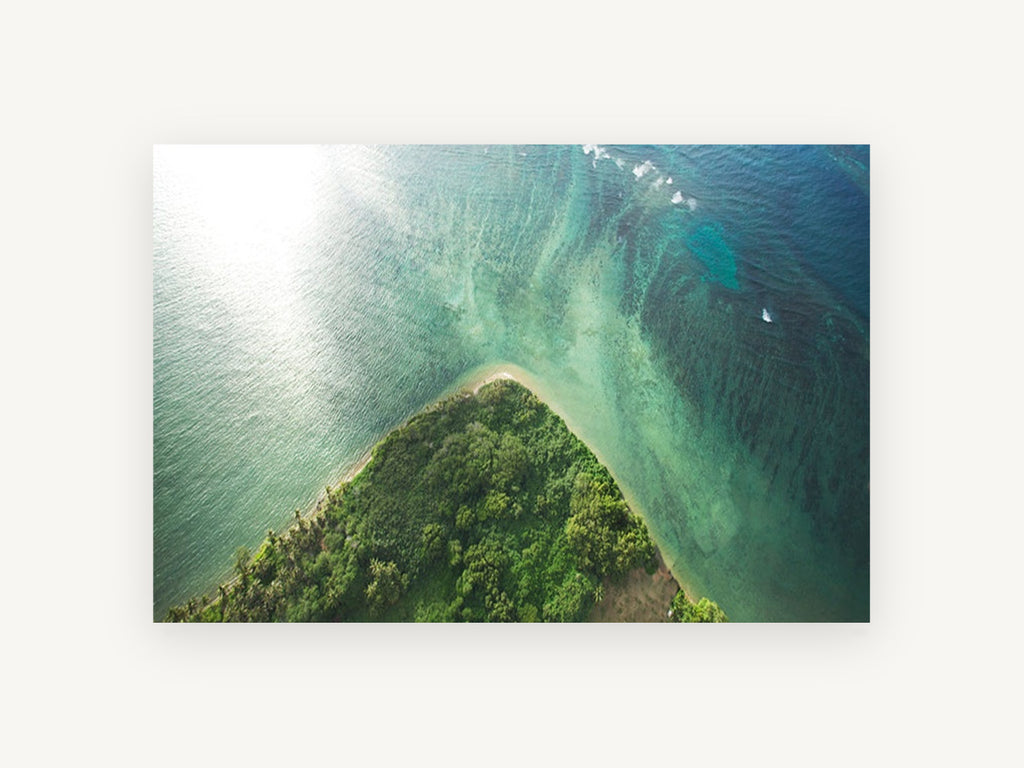 Emerald Point Reef, aerial tropical island point photograph, landscape canvas wall art print, front view