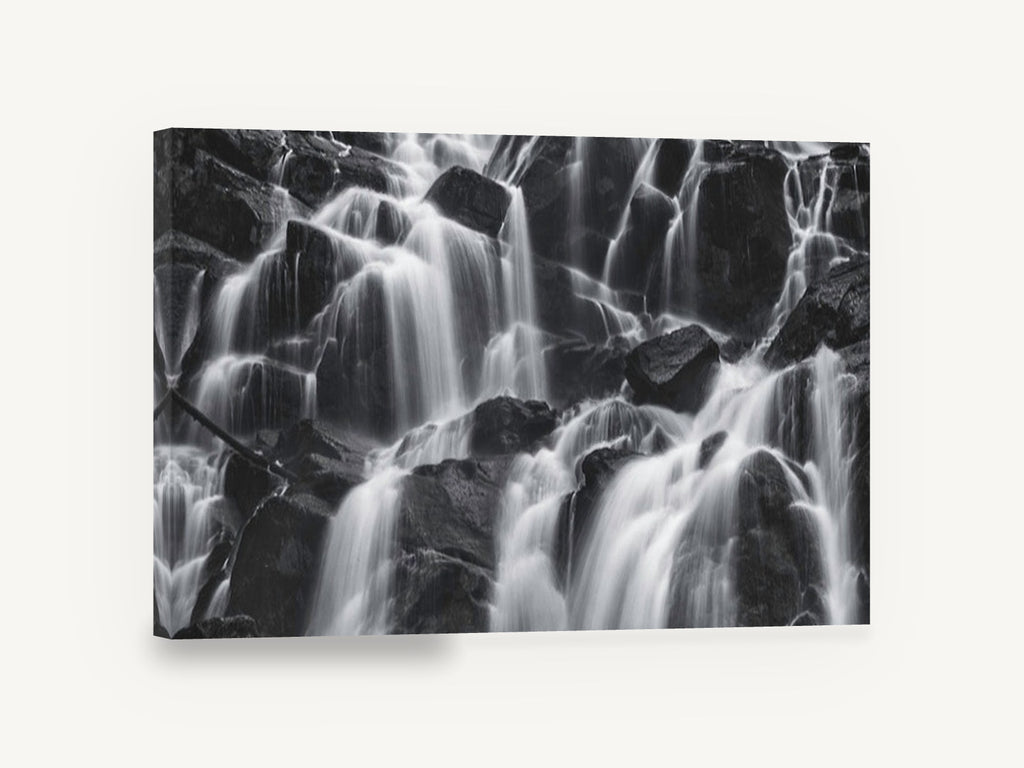 Silken Cascade Rocks, black and white waterfall photograph, landscape canvas wall art print ready to hang