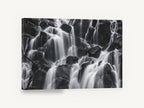 Silken Cascade Rocks, black and white waterfall photograph, landscape canvas wall art print ready to hang