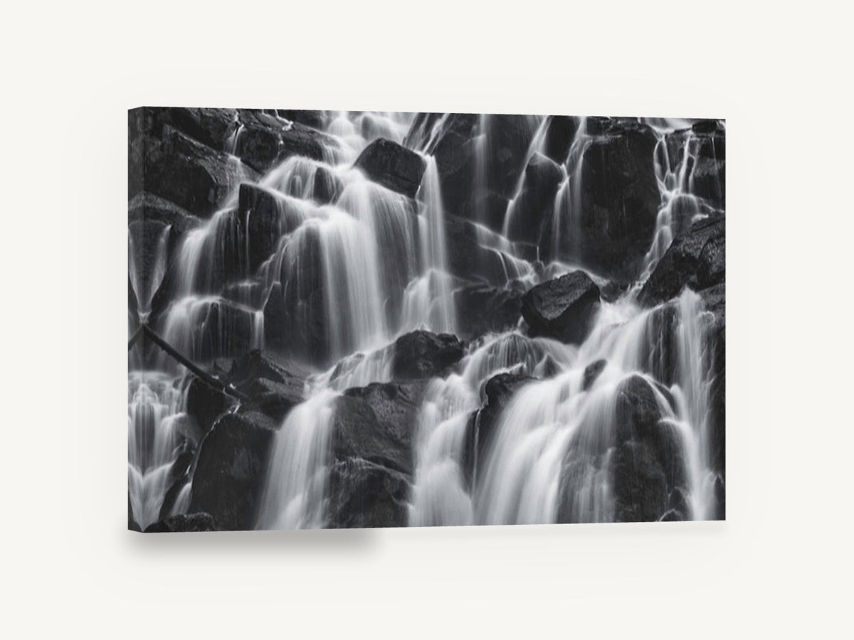 Silken Cascade Rocks, black and white waterfall photograph, landscape canvas wall art print ready to hang