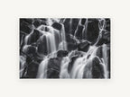 Silken Cascade Rocks, black and white waterfall photograph, landscape canvas wall art print, front view