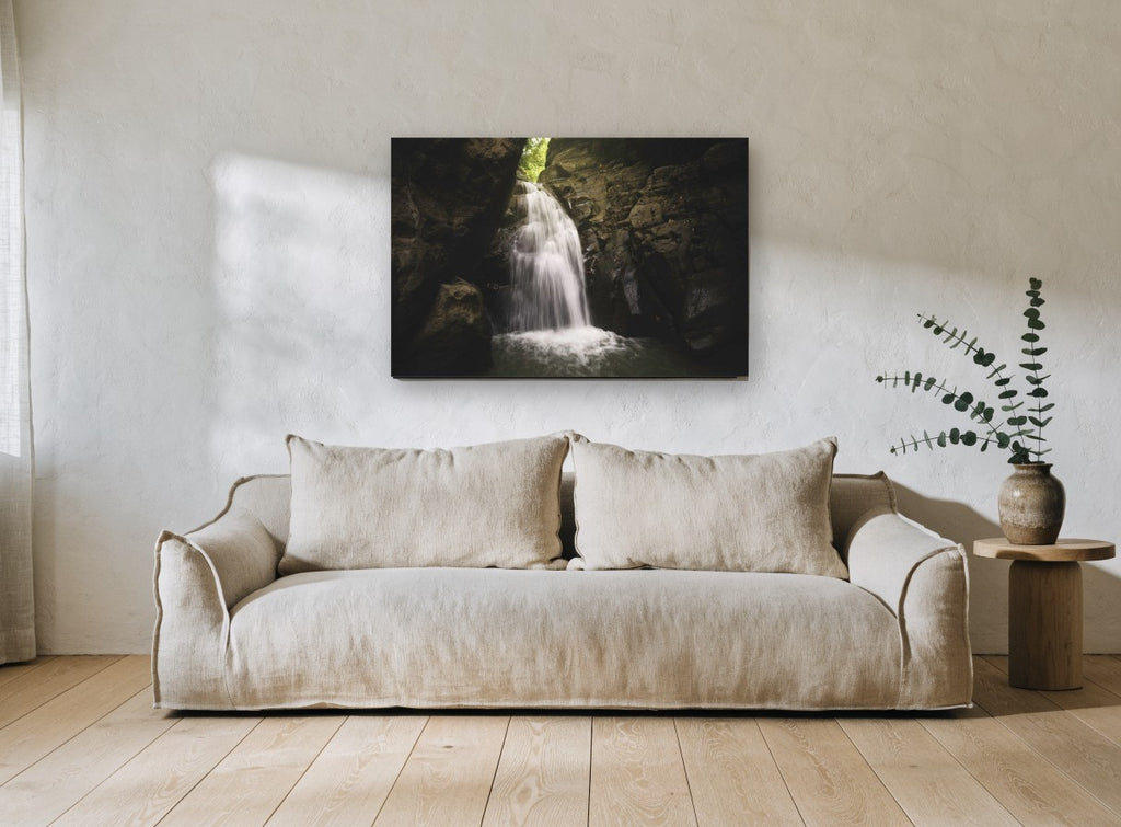 Hidden Gorge Falls landscape canvas print on the wall of a living room